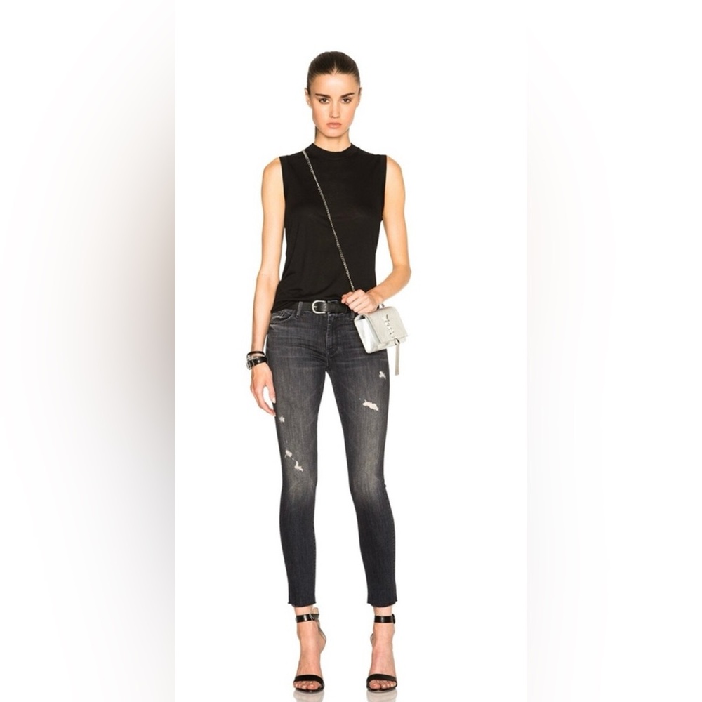 Mother looker ankle fray crash and burn raw hem black distressed denim